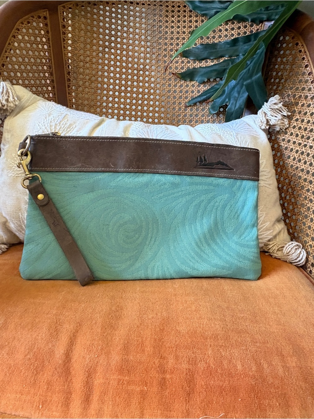 Woosah Co. Handmade Boutique Leather-Trim Teal Wave Canvas Bag Clutch